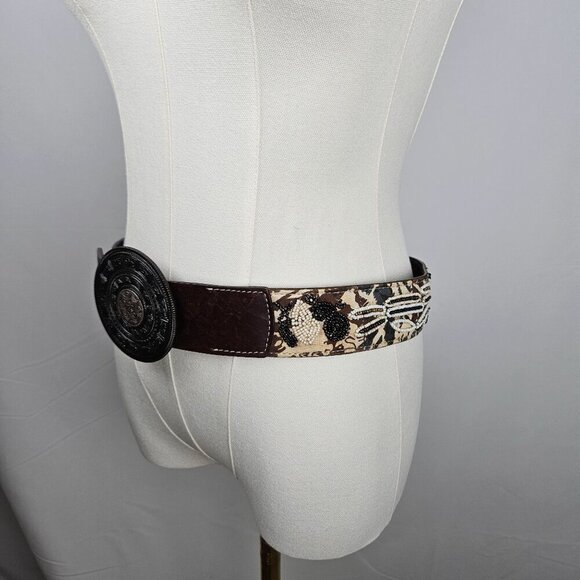 Chicos Small Genuine Leather Belt Aztec Medallion Buckle Brown Beaded - Picture 9 of 15
